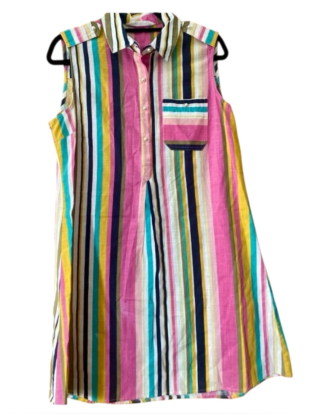 Given Kale Multicolor Stripe Sleeveless Shirt Dress Resort Vacation Cotton L